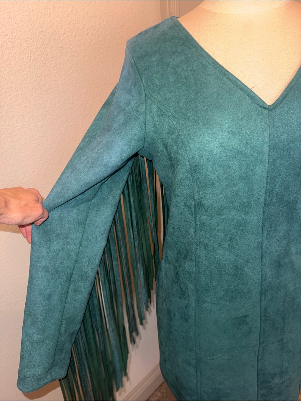 Boho Cowgirl Teal V-Neck Vegan Suede Fringe Mini Dress - Picture 3 of 15